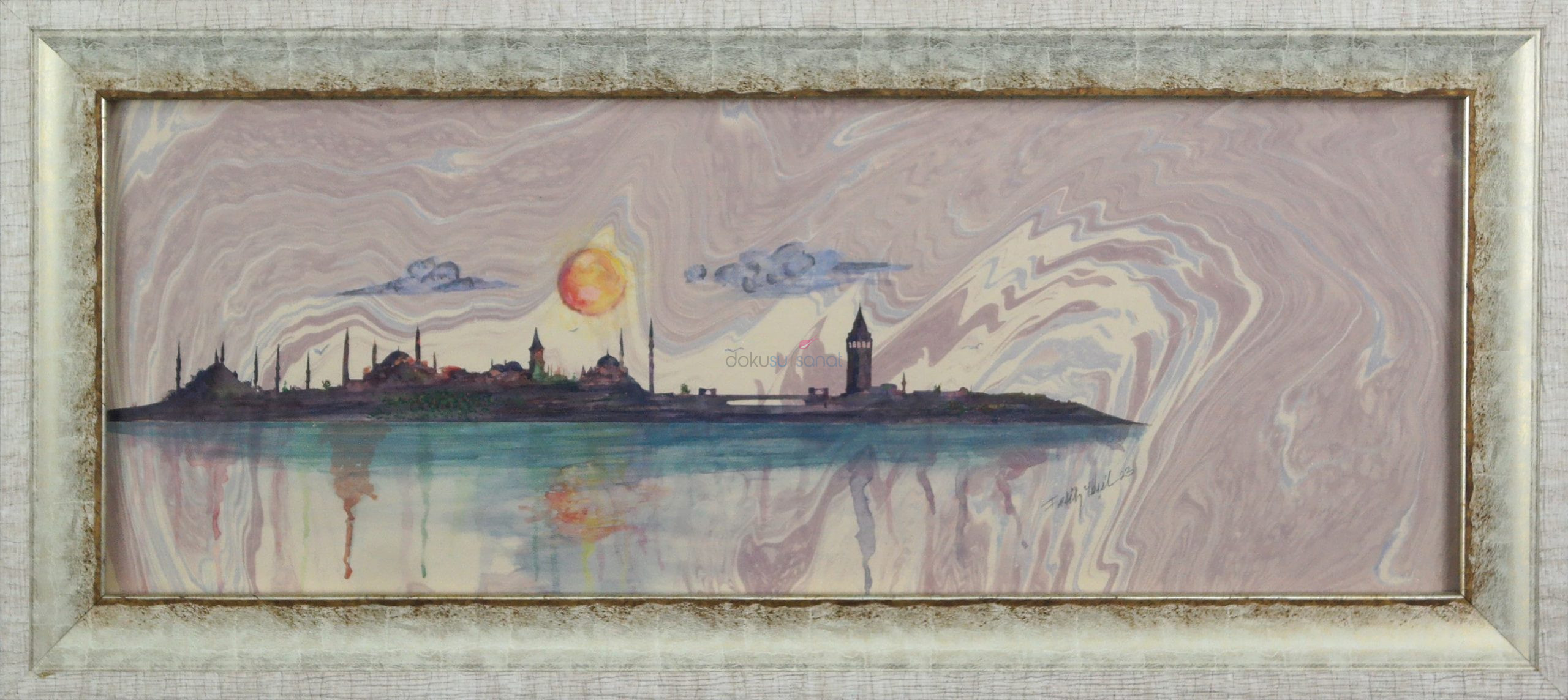 Ebru Üzerine Sulu Boya İstanbul Silueti