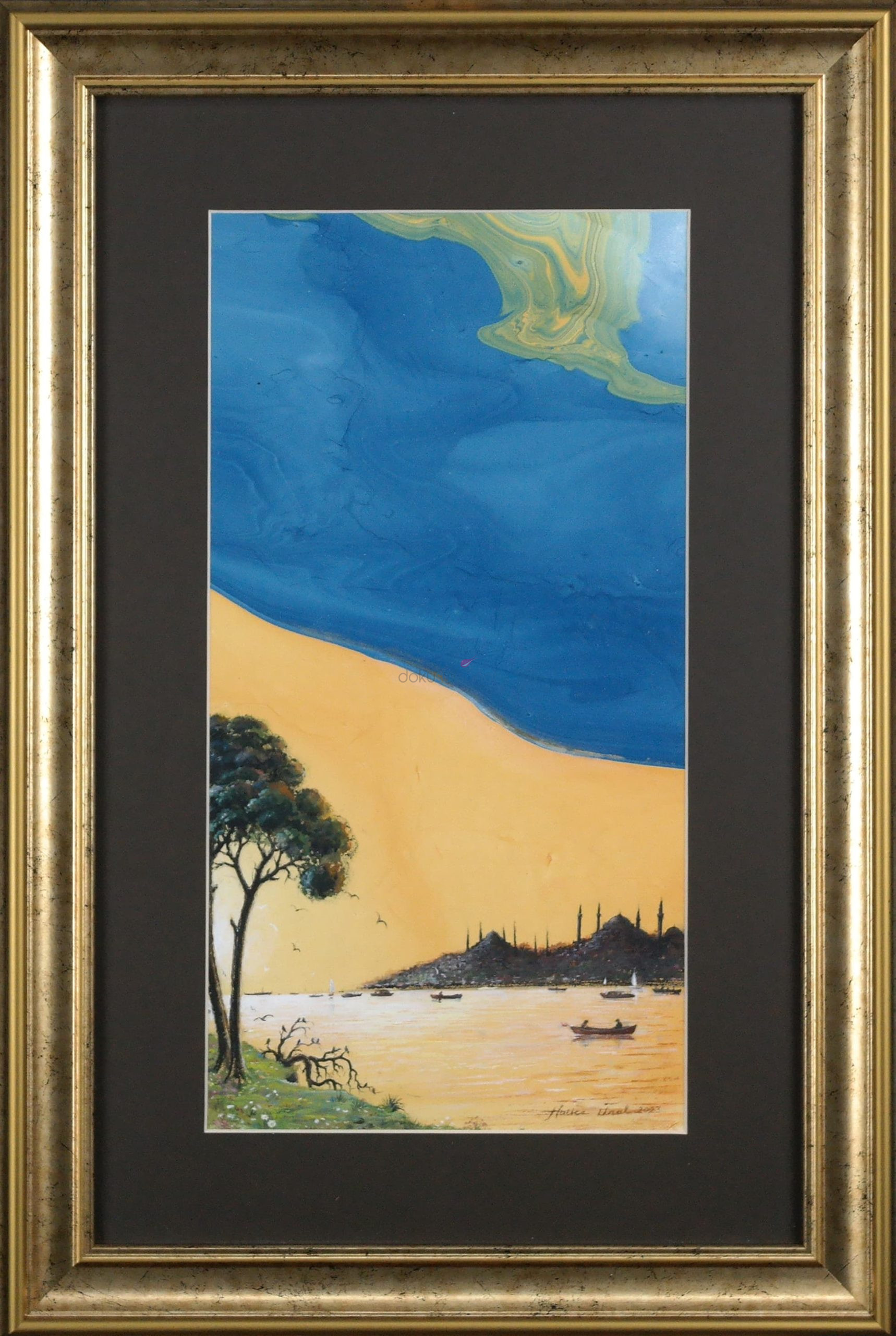 Ebru Üzerine Sulu Boya Manzara